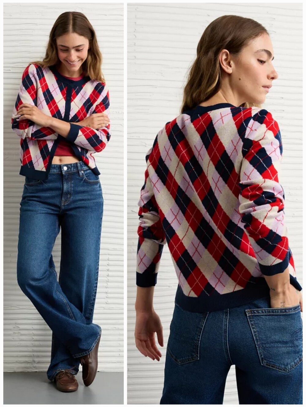 NWT AE x The Summer I Turned Pretty XS Crew Neck Argyle Plaid Cardigan Preppy
